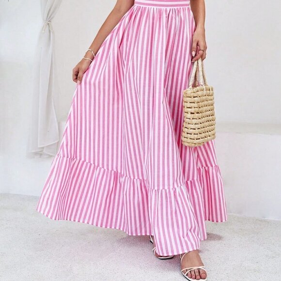 Pink Boho Womens Striped Print Cut Out Ruffle Hem Halter Neck Dress - Picture 3 of 5